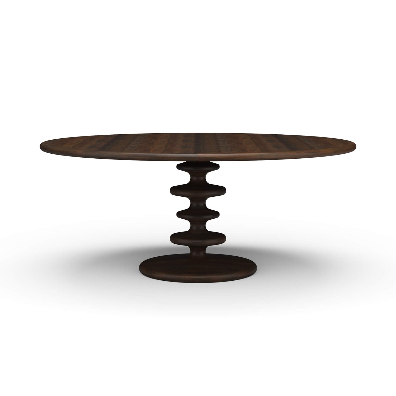 Dark round dining table with unique central pedestal design.