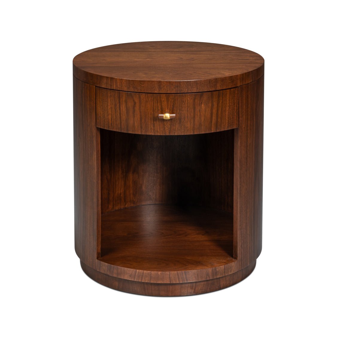 Mid-century modern end table, closed drawer front view.