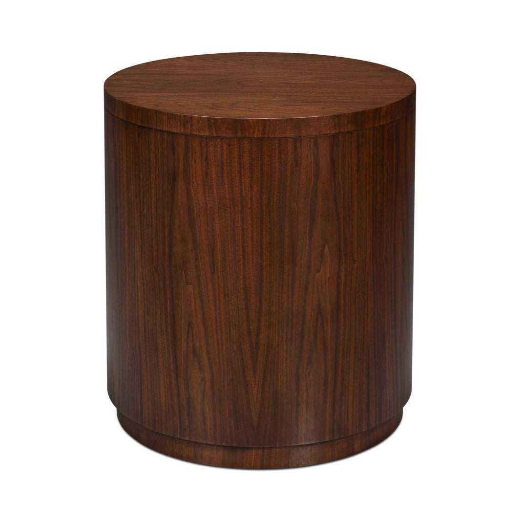 Back view of round end table, smooth wood finish.