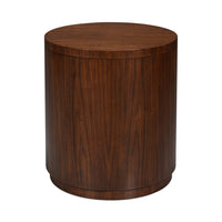 Back view of round end table, smooth wood finish.