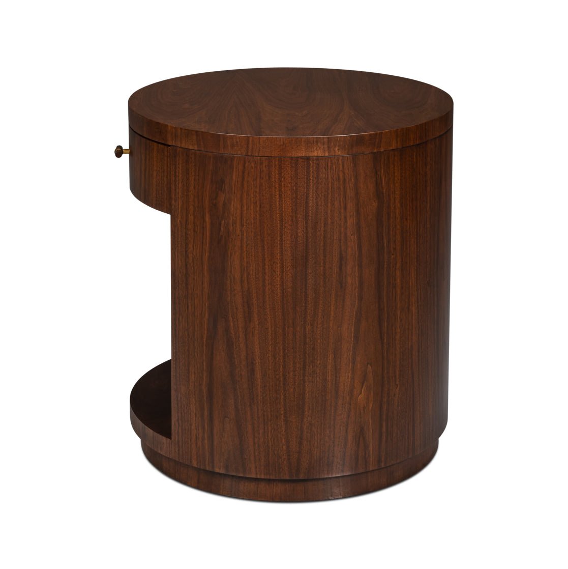 Side angle of closed drawer end table, round shape.