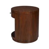 Side angle of closed drawer end table, round shape.