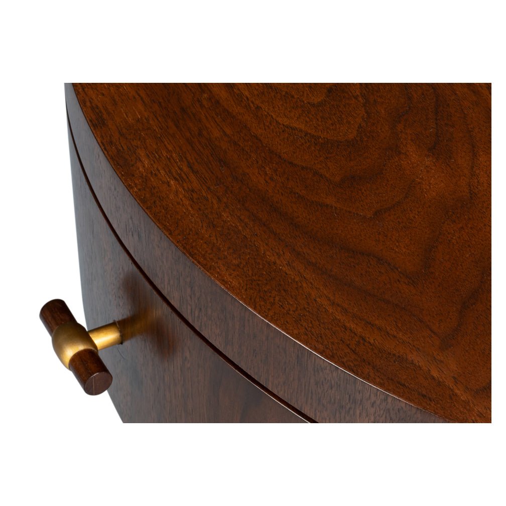 Close-up of handle on round end table drawer.