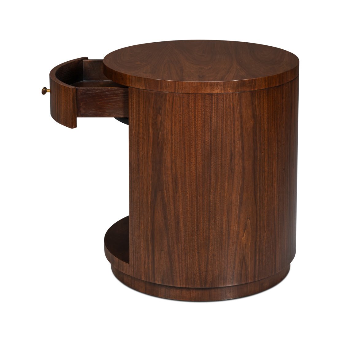Side view of round end table, open drawer.