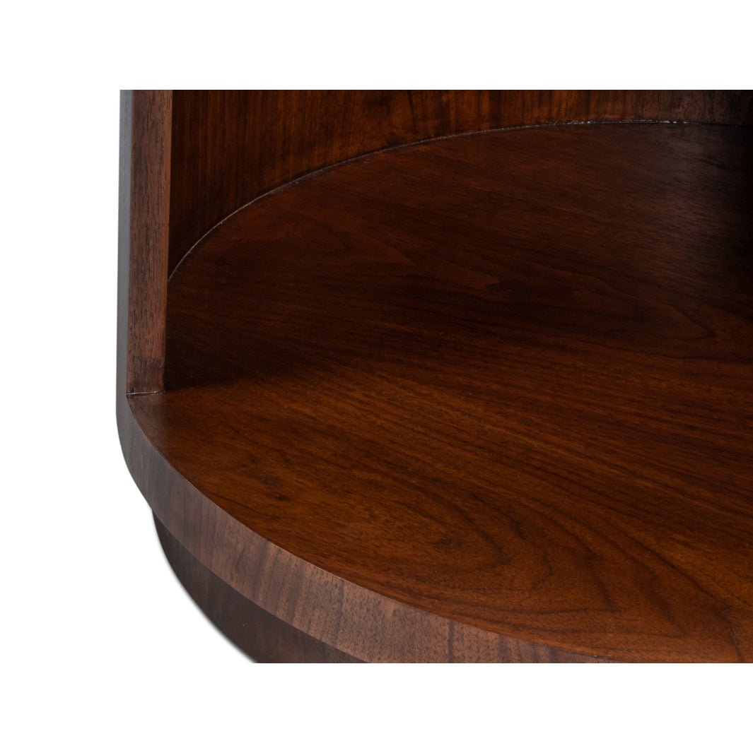 Interior shelf detail, round end table, wood texture.