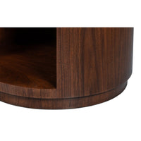 Base detail of round end table, wood grain visible.