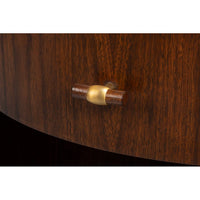 Drawer handle detail, round end table with wood texture.
