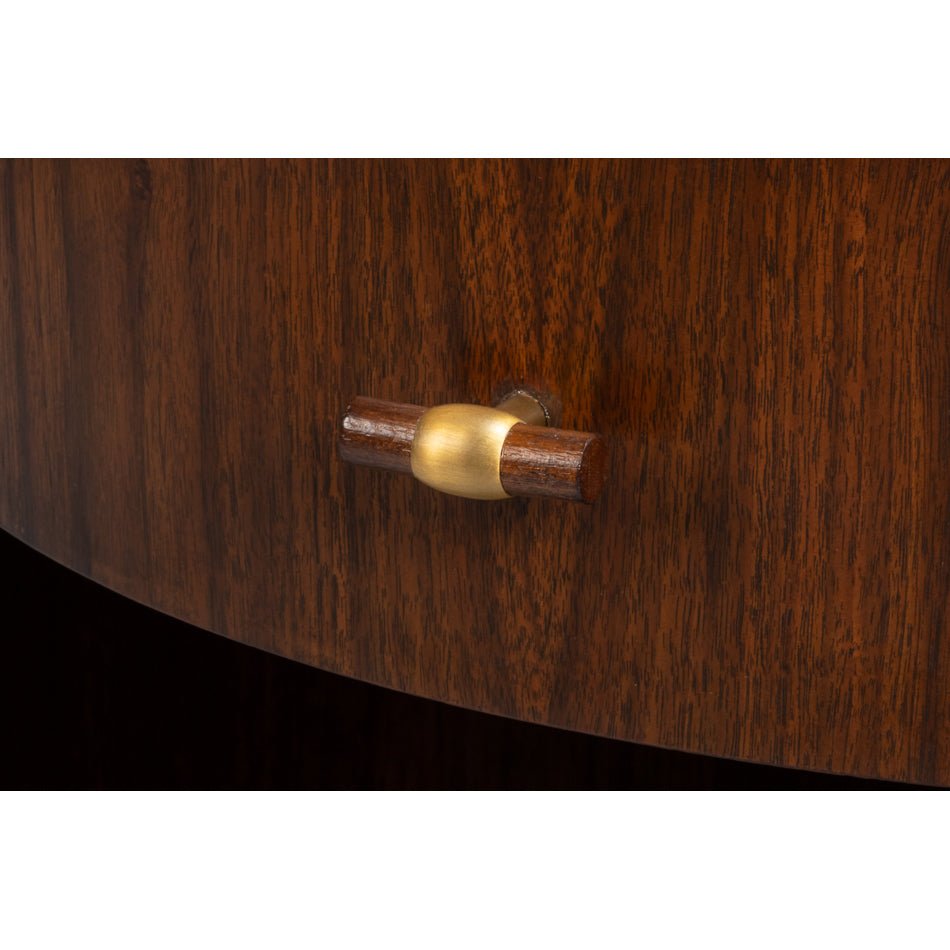 Drawer handle detail, round end table with wood texture.