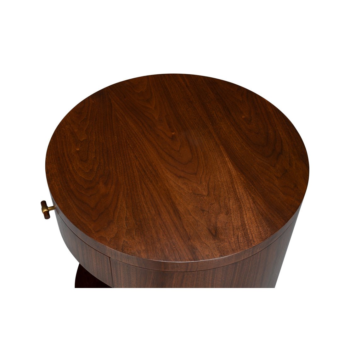 Top view of round end table, wood surface detail.