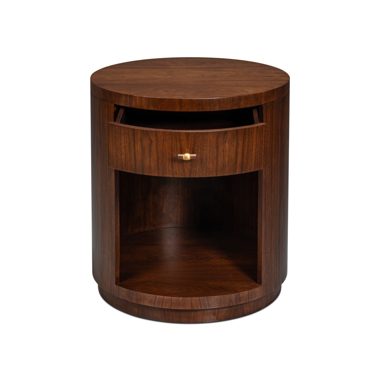 End table with drawer partially open, round design.