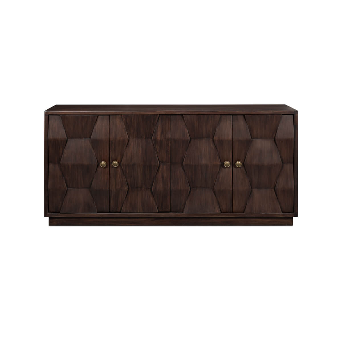 Brown mid-century sideboard showing geometric door design
