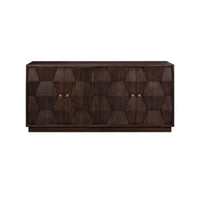 Brown mid-century sideboard showing geometric door design
