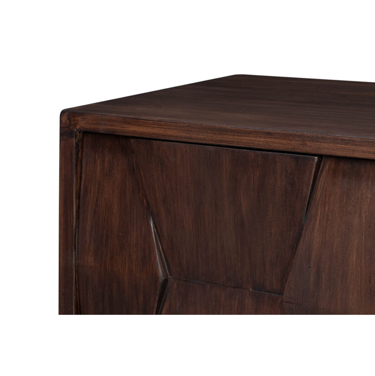 Corner detail of dark wood geometric sideboard