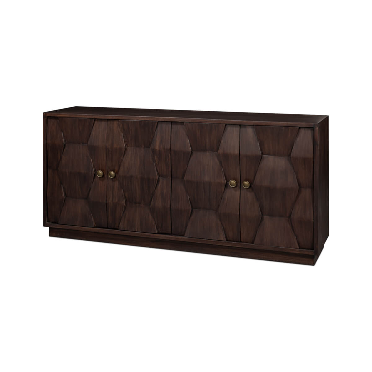 Dark wood sideboard with geometric pattern, front view