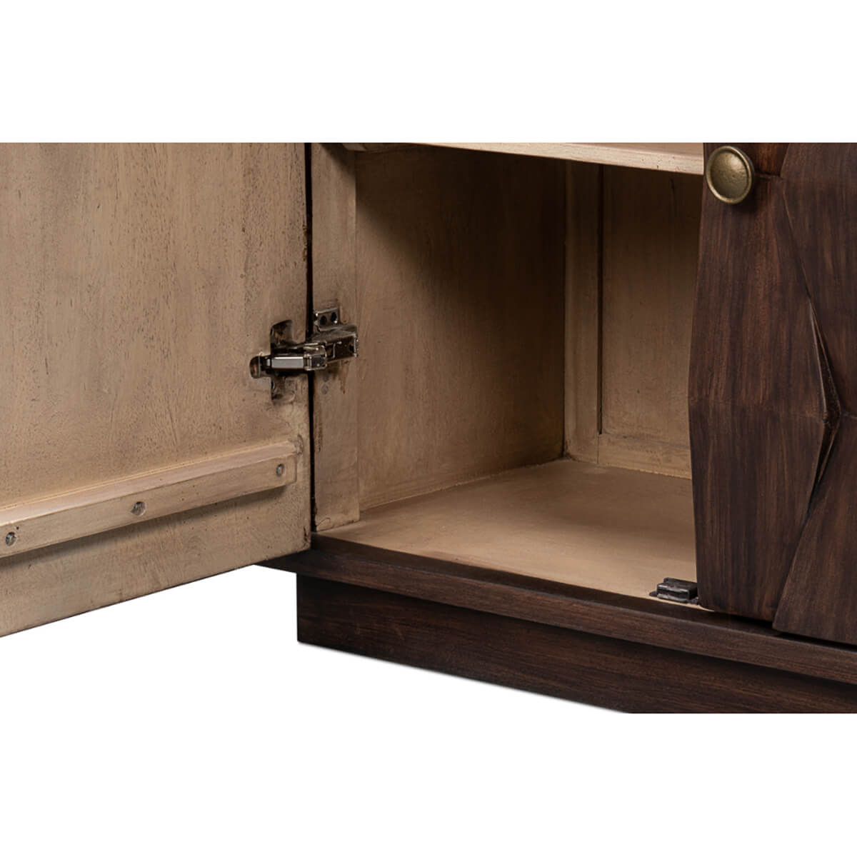Open door hinge detail of mid-century sideboard