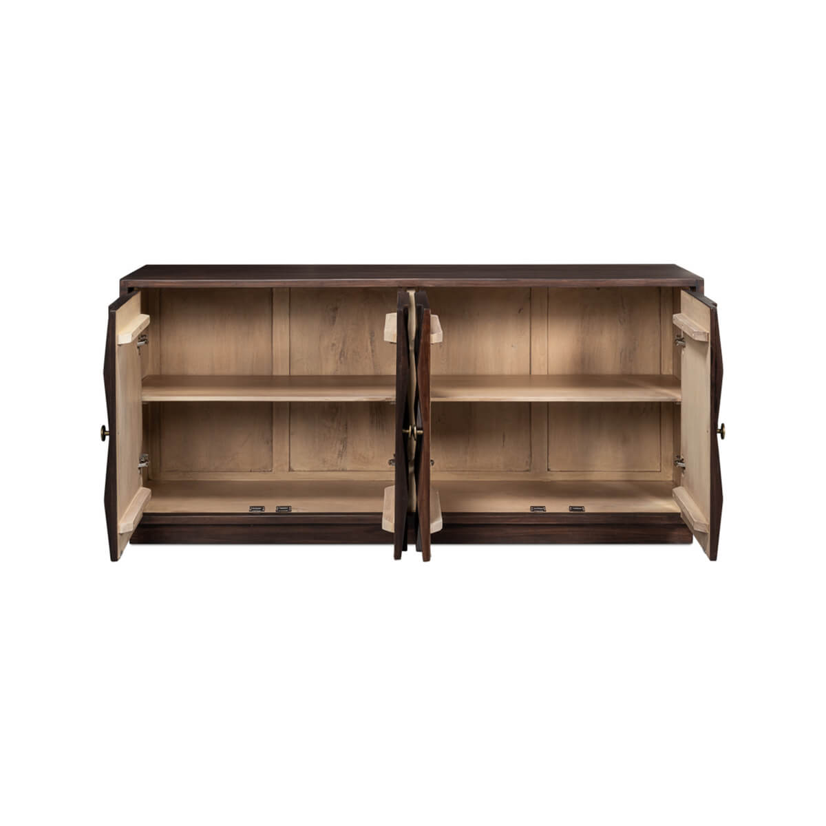 Interior shelves of open dark wood sideboard