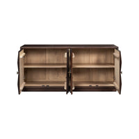 Interior shelves of open dark wood sideboard