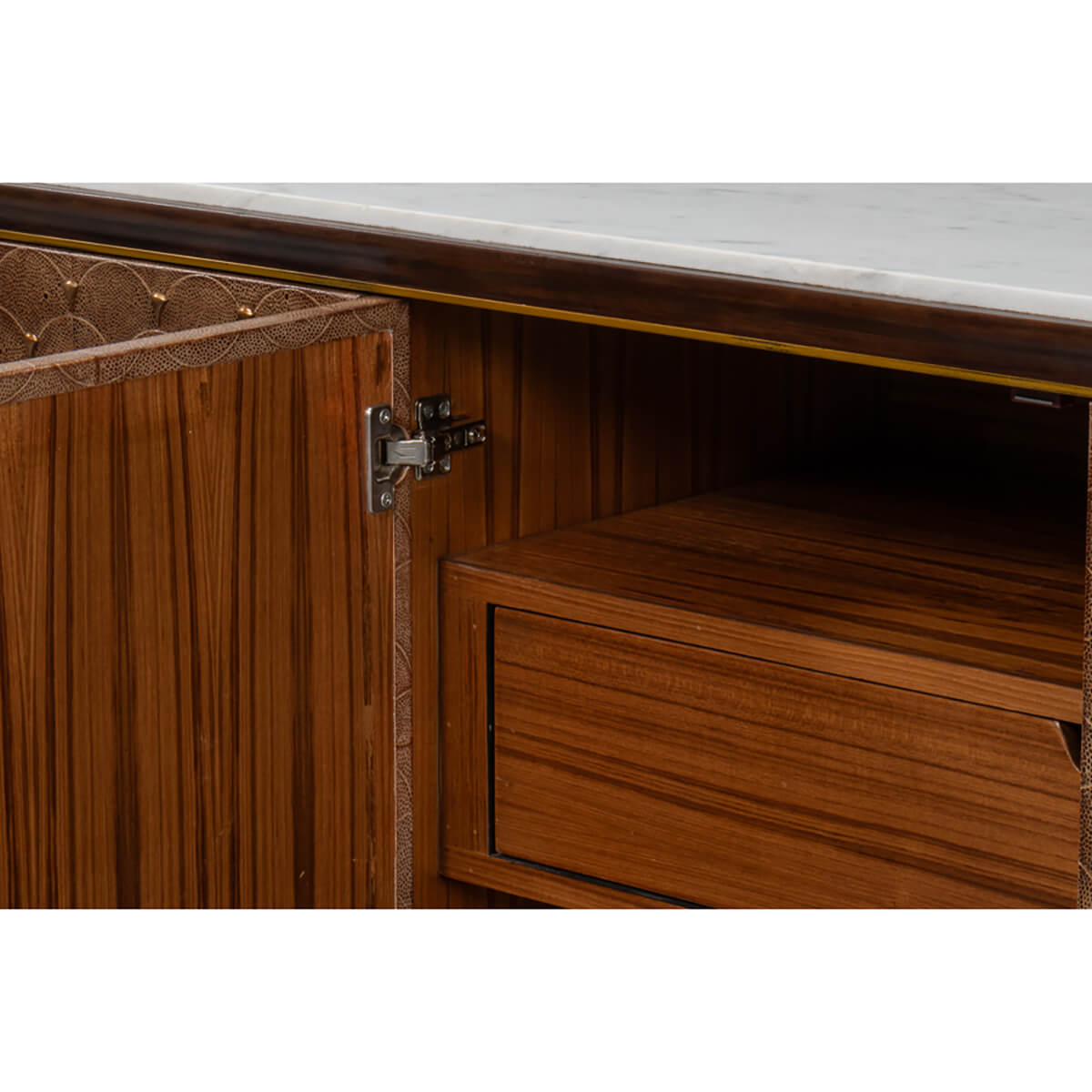 Interior view of sideboard showcasing wooden drawer.