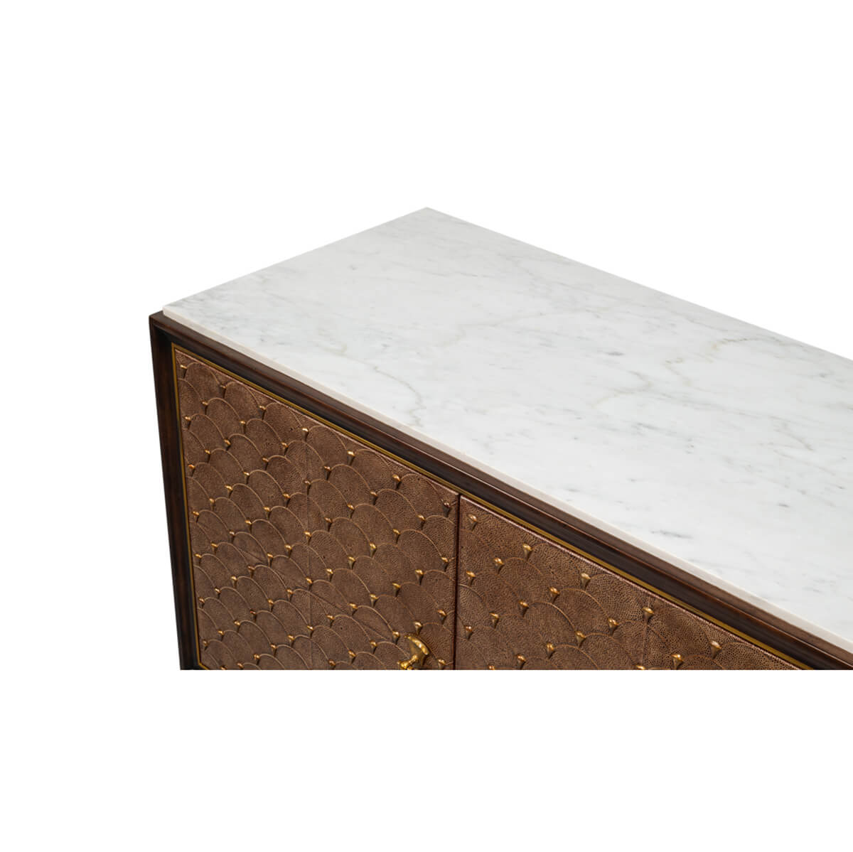 Close-up of marble top on mid-century sideboard.