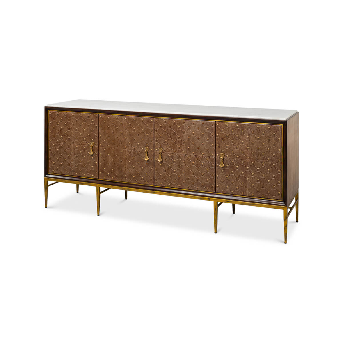 Mid-century sideboard angled view with brass legs.