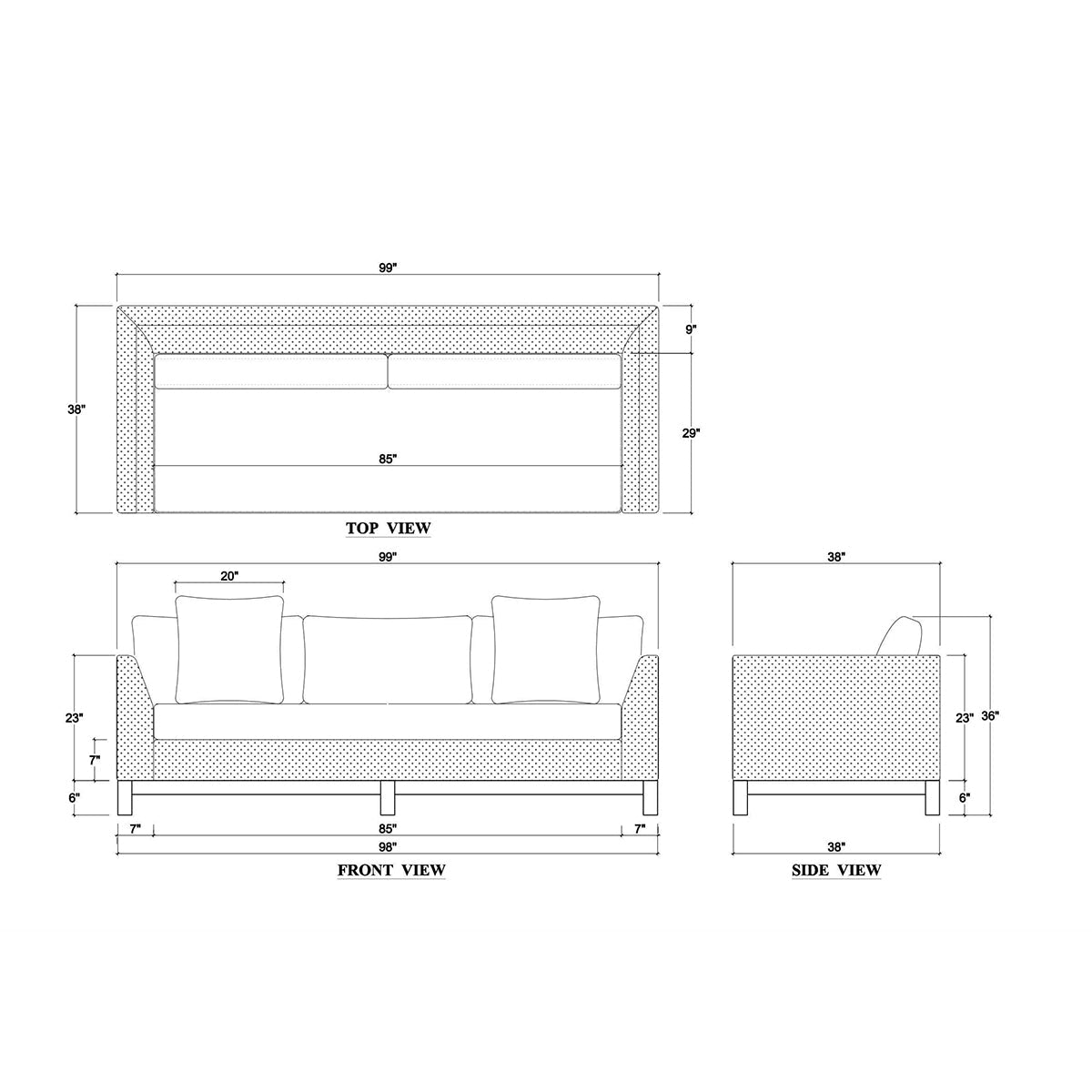 Sofa dimensions diagram, mid-century modern style, multiple views.