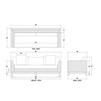 Sofa dimensions diagram, mid-century modern style, multiple views.