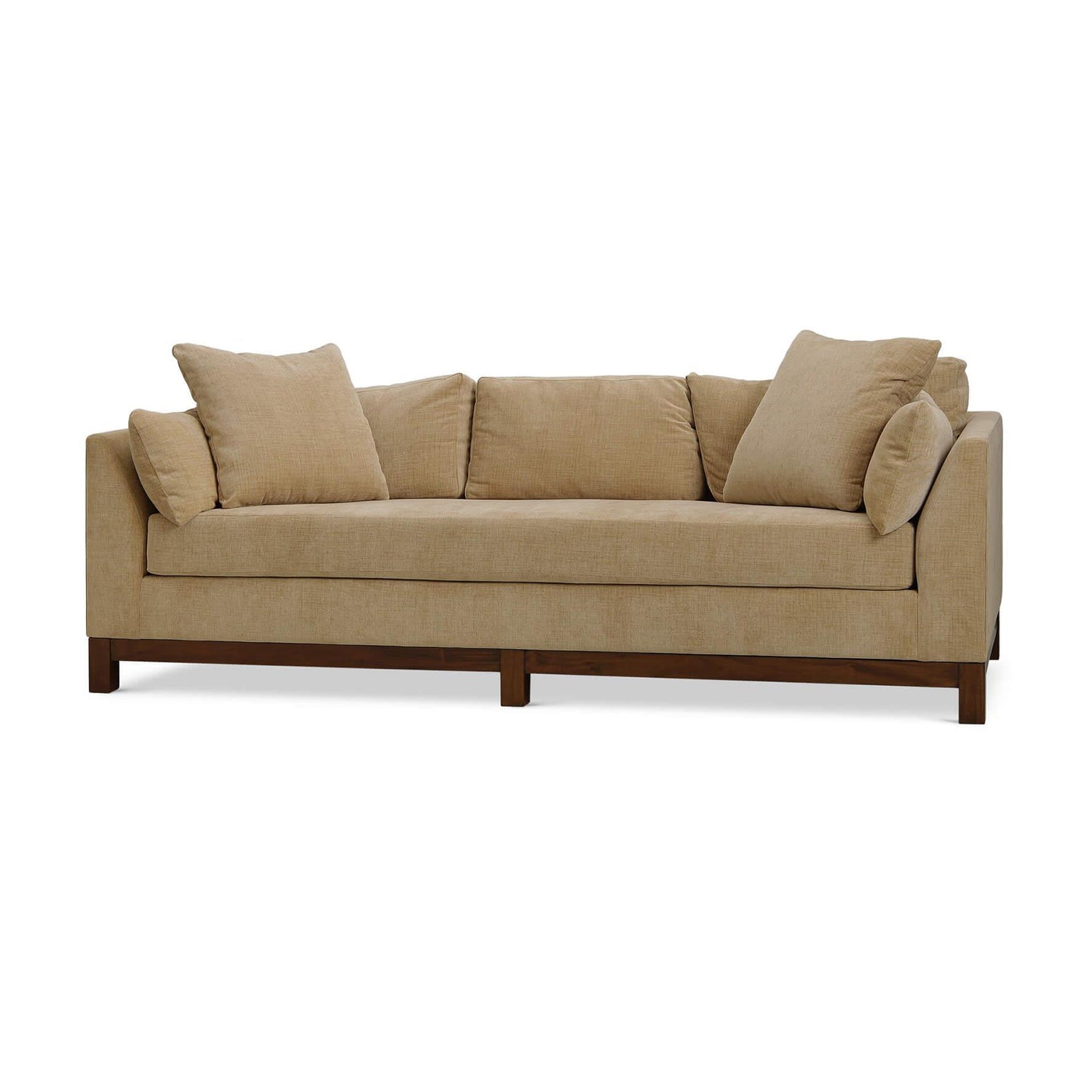 Mid-century modern sofa in yellow performance fabric, front view.