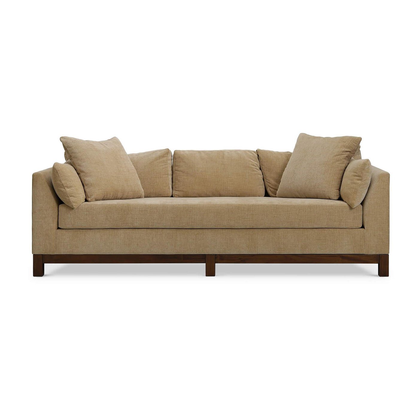 Mid-century modern sofa in yellow, front perspective.