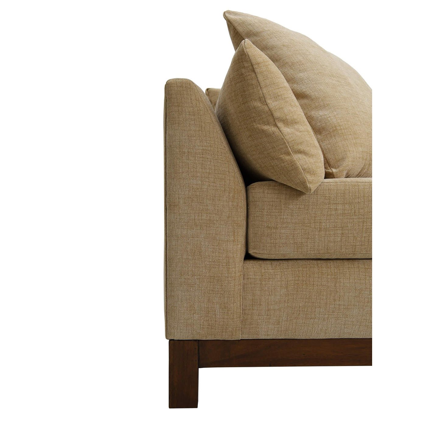 Side detail of mid-century modern sofa armrest fabric.
