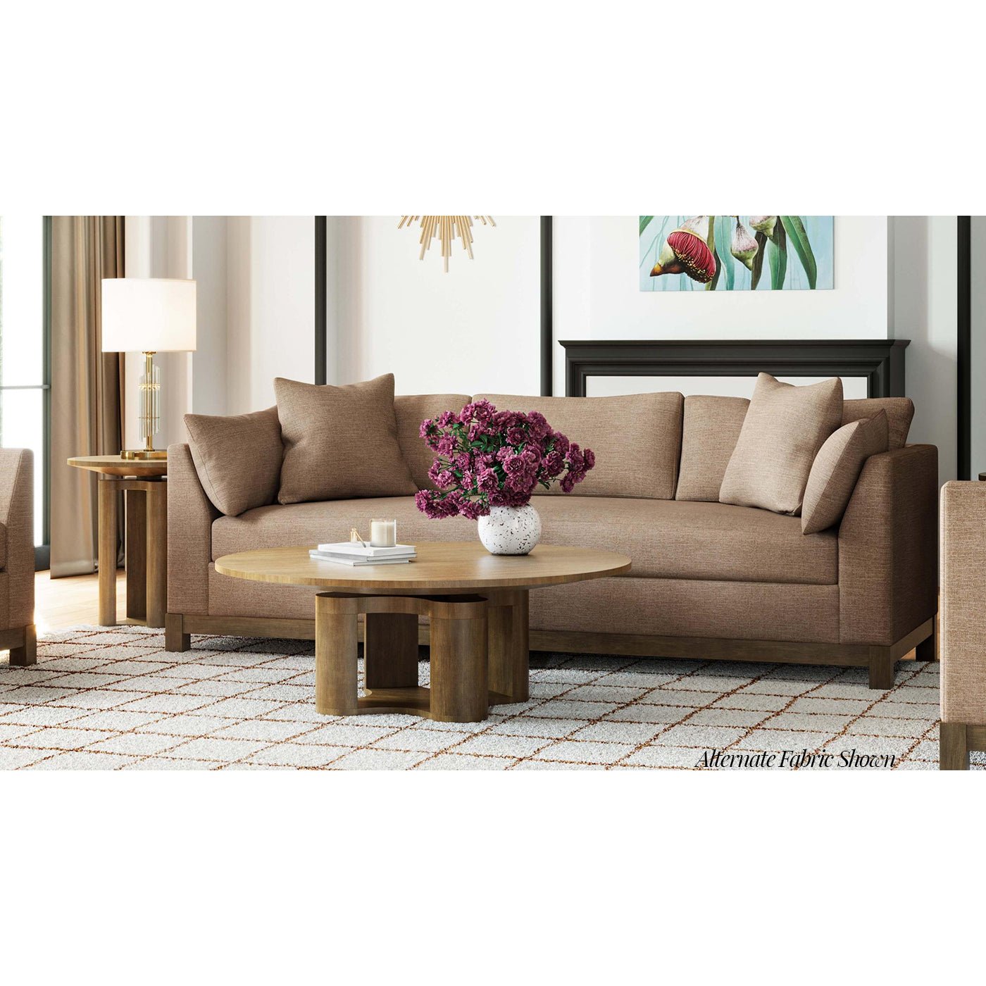 Cozy room featuring mid-century modern sofa and table.