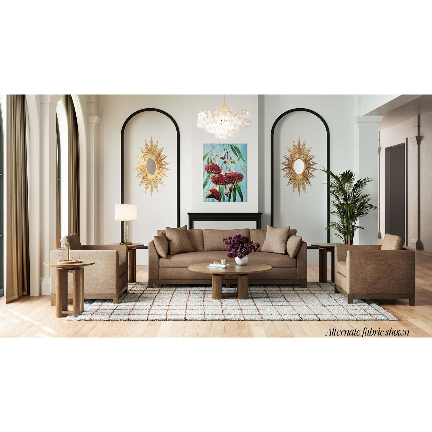 Living room with mid-century modern sofa, elegant decor.
