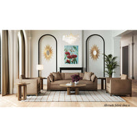 Living room with mid-century modern sofa, elegant decor.
