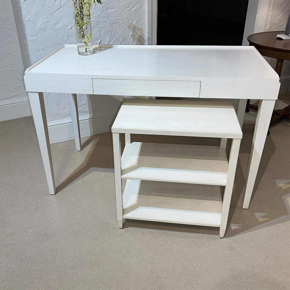 Mid-century modern desk with matching shelf, drift white.