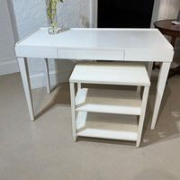 Mid-century modern desk with matching shelf, drift white.