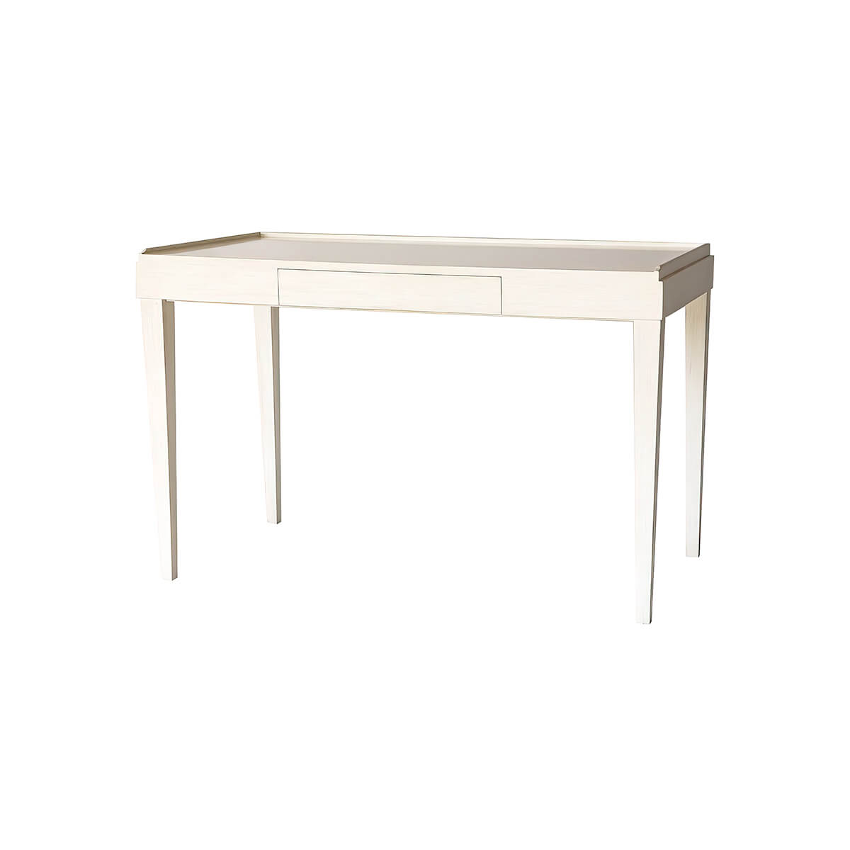 Mid-century modern desk with closed drawer, drift white finish.