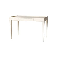 Mid-century modern desk with closed drawer, drift white finish.