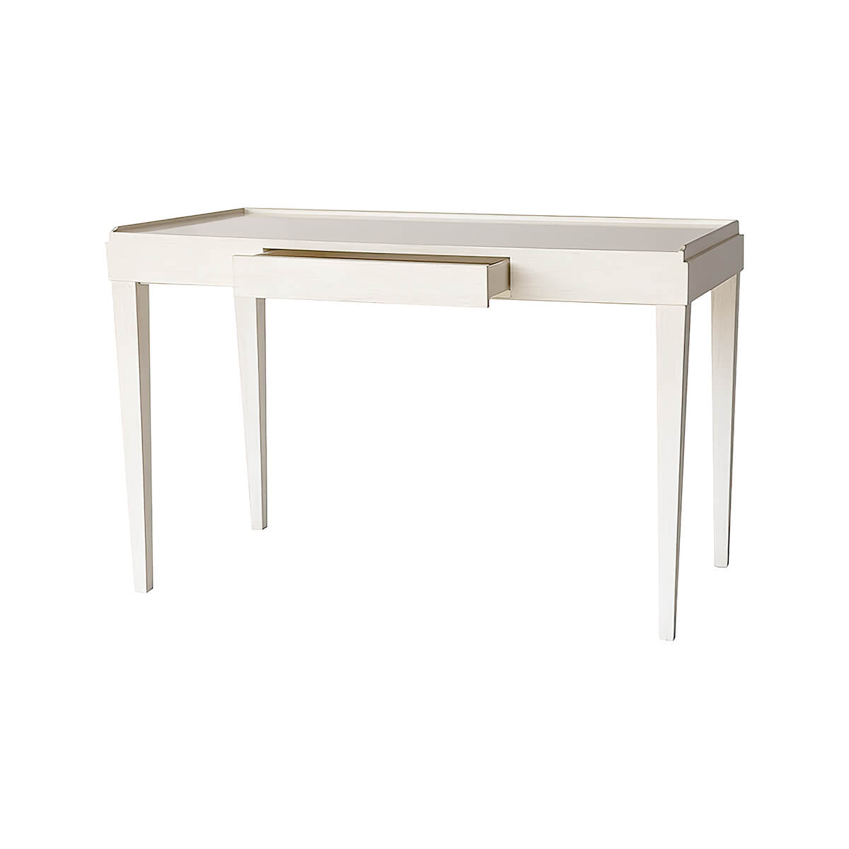 Mid-century modern desk, drawer open, drift white finish.