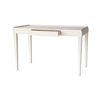 Mid-century modern desk, drawer open, drift white finish.