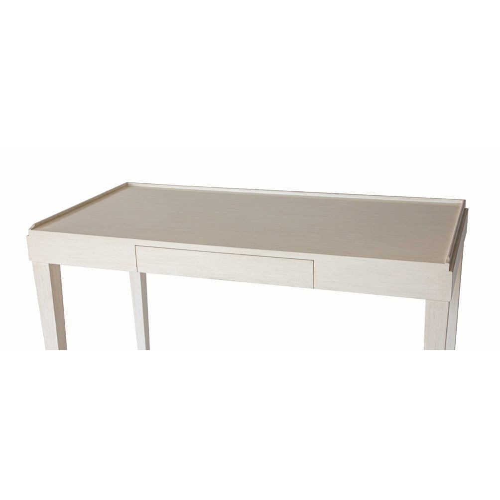 Top view of mid-century modern desk, drift white finish.
