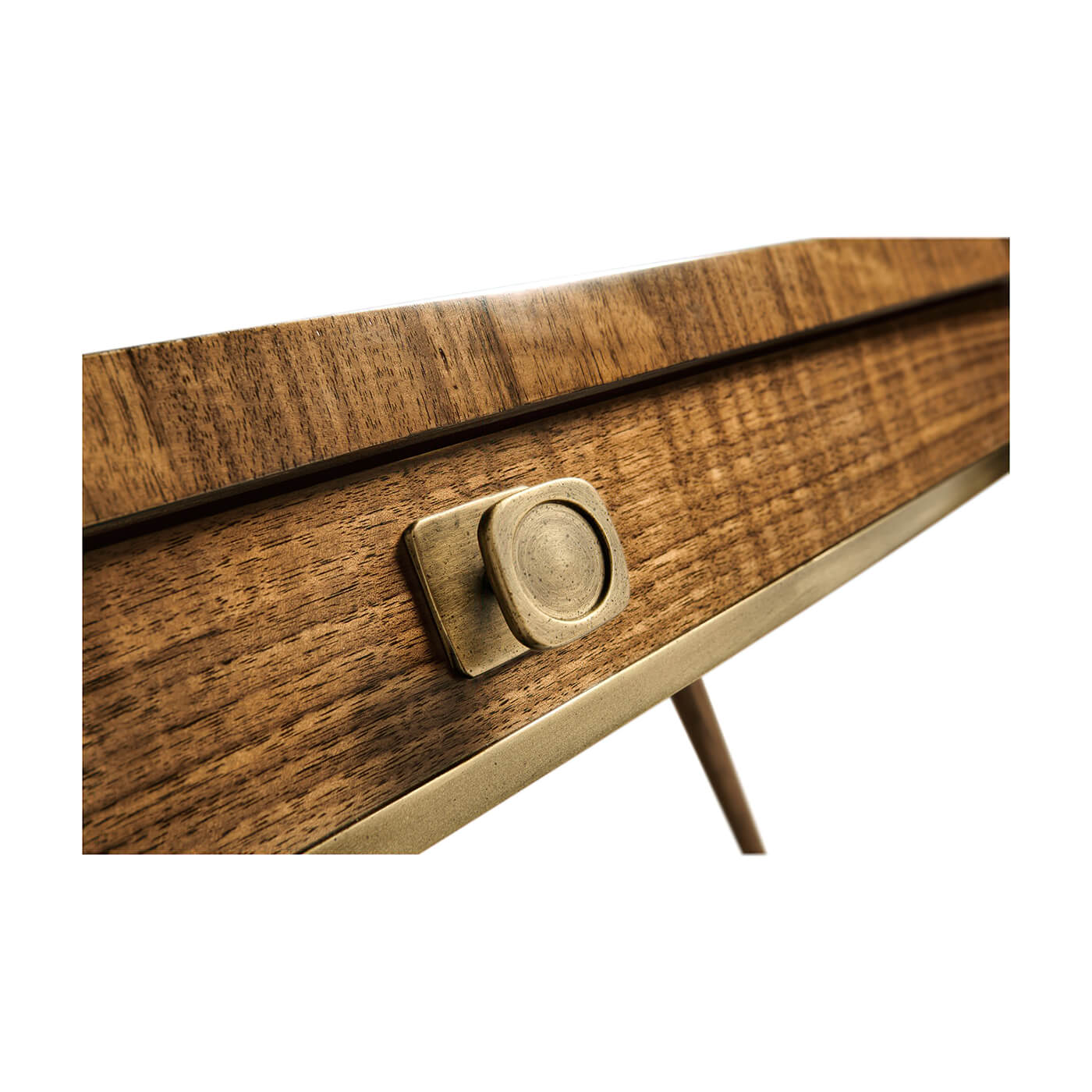 Detailed view of walnut desk's brass knob.