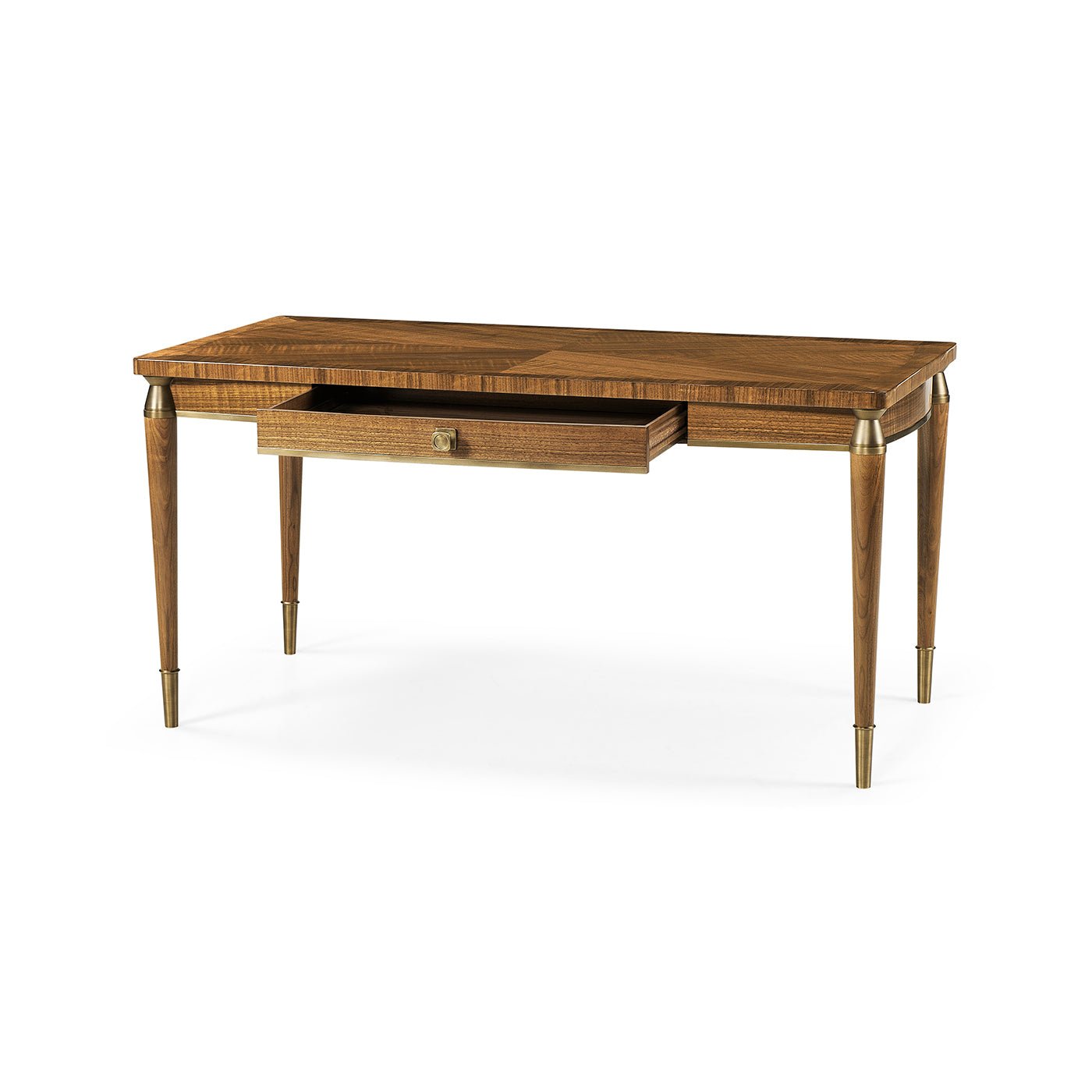 Walnut desk with open drawer and modern style.