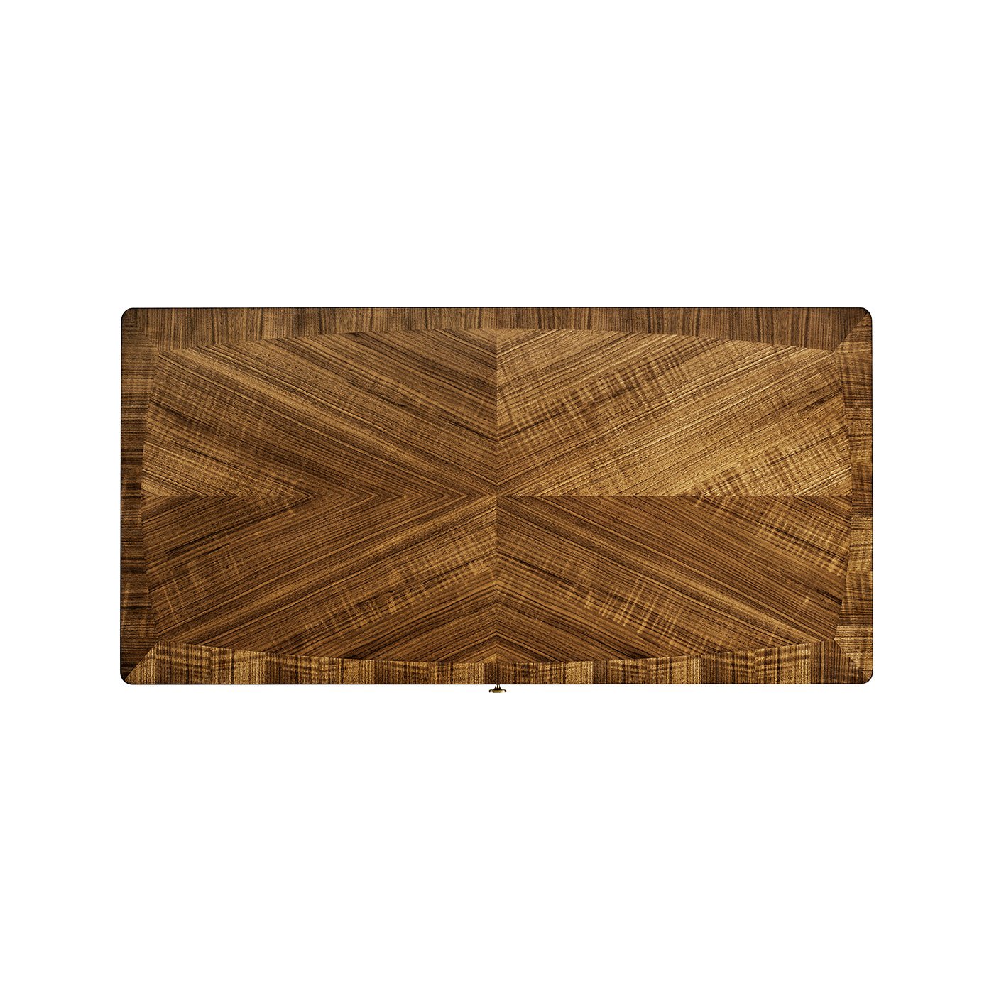 Top view of walnut desk's symmetrical wood pattern.