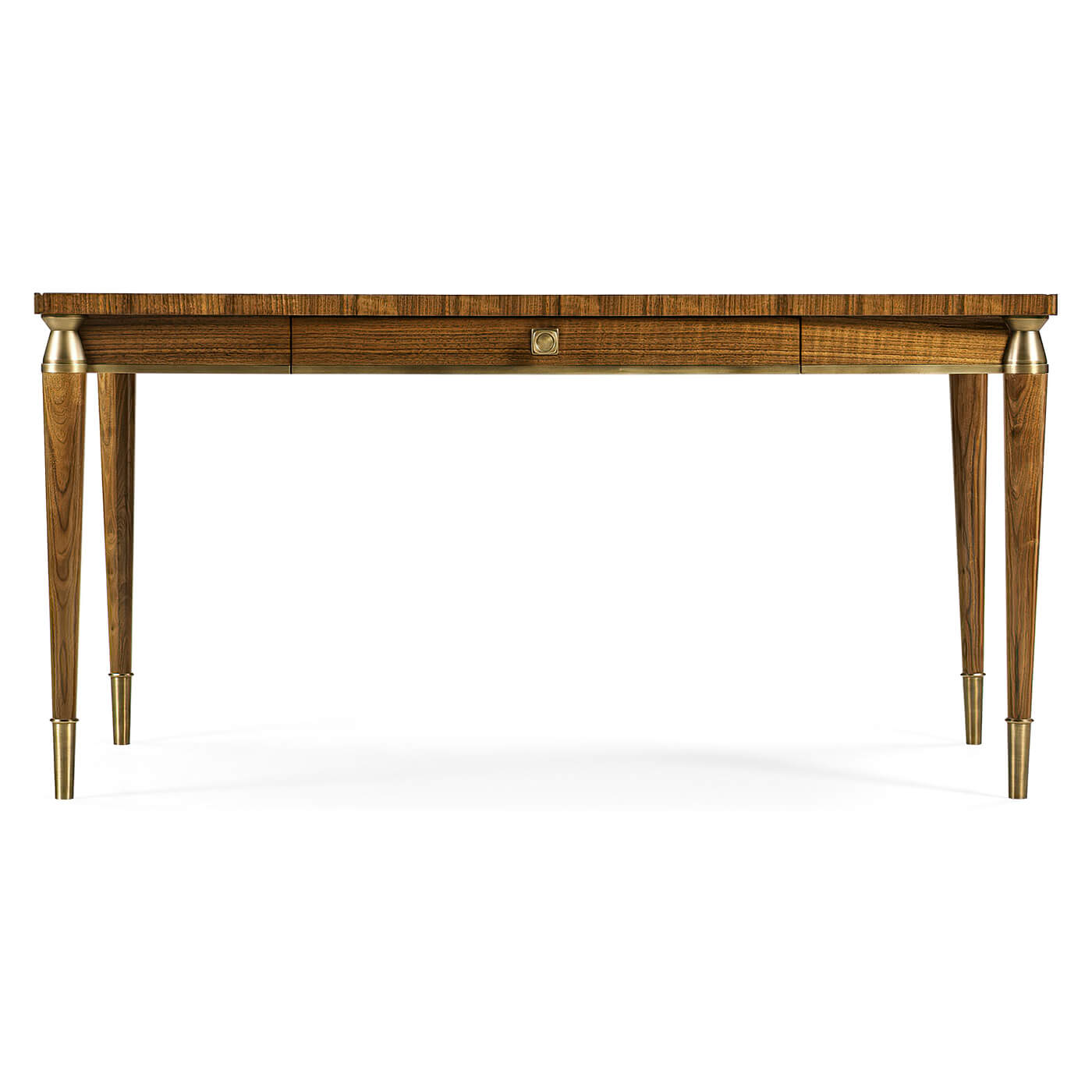 Front view of the walnut desk with brass accents.