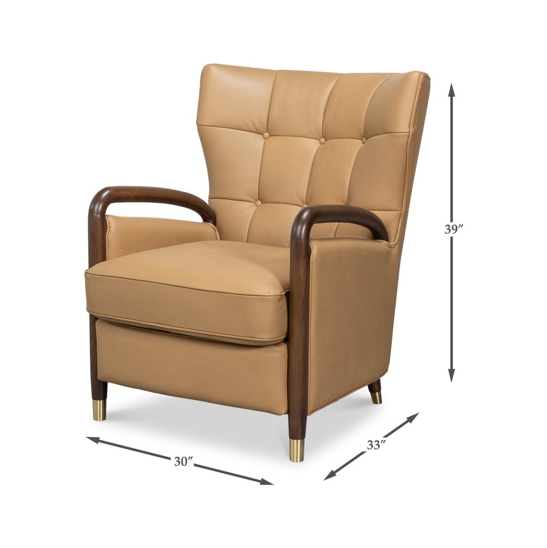 Tan leather armchair with dimensions, mid-century modern style.