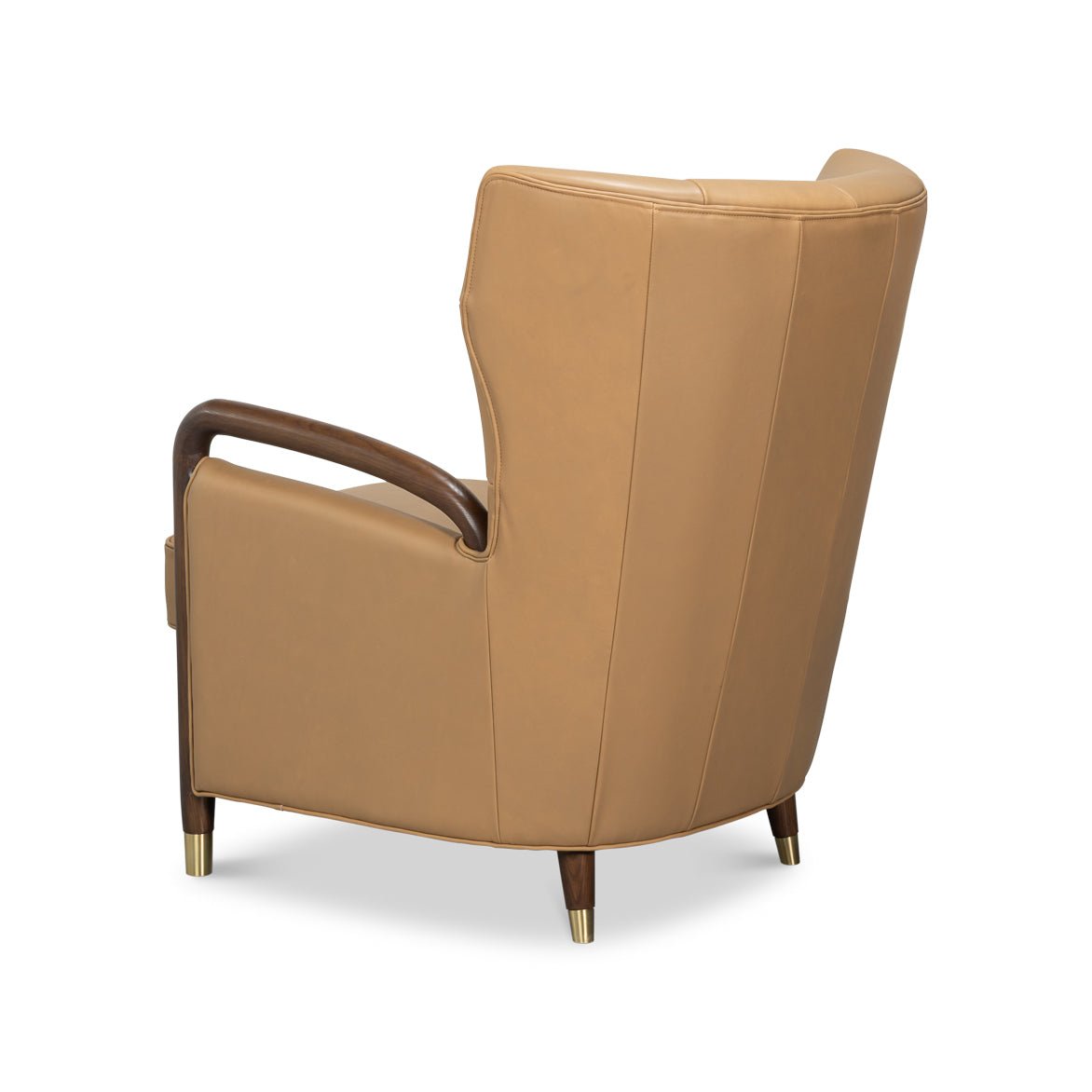 Tan leather armchair, rear angle view, curved back design.