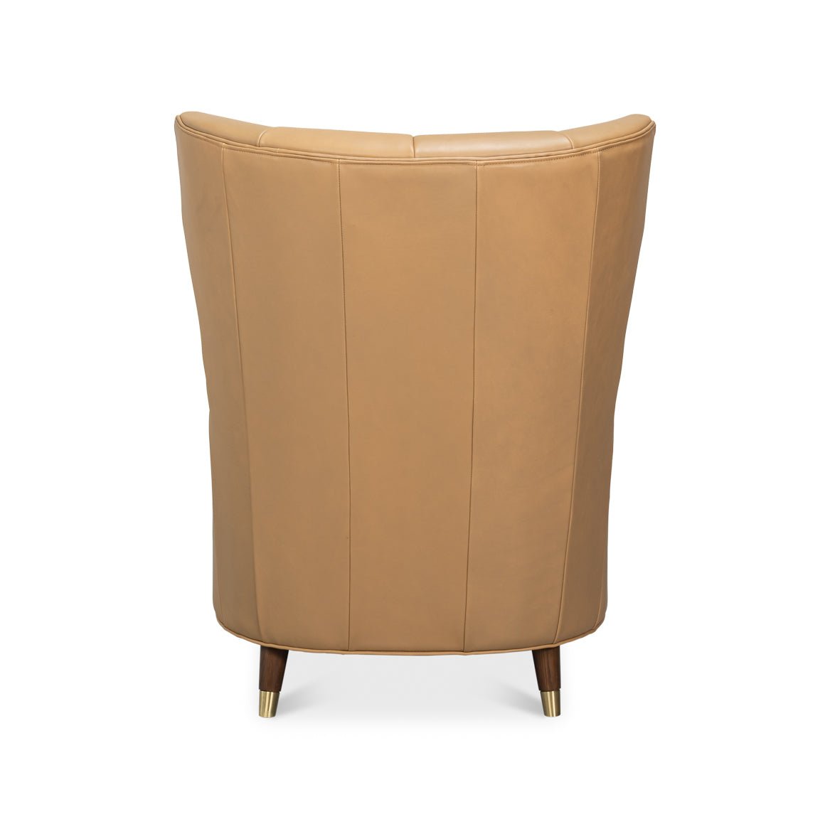 Tan leather armchair, back view, vertical stitching.