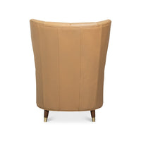 Tan leather armchair, back view, vertical stitching.