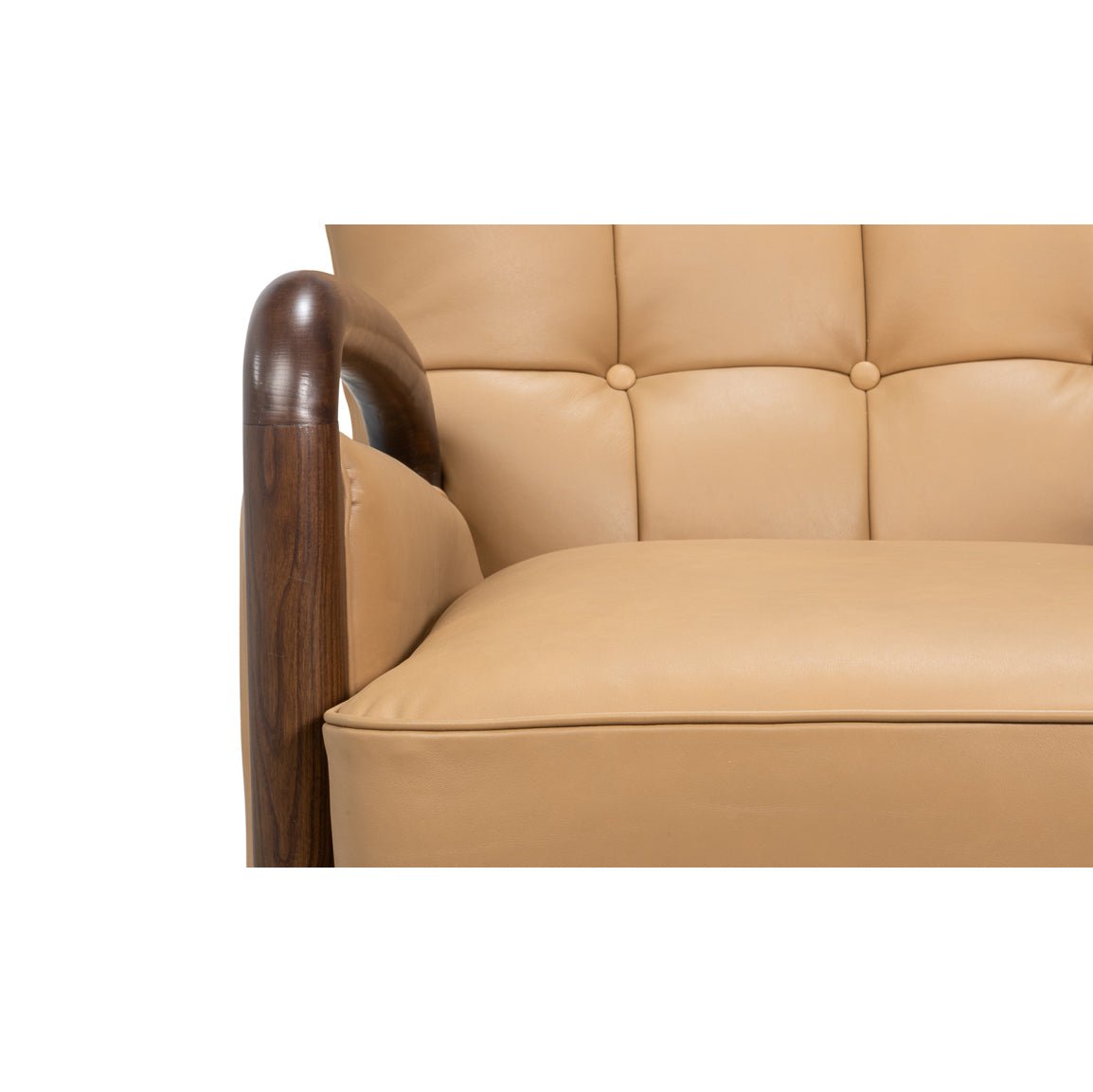 Close-up, armchair seat cushion, wooden armrest detail.