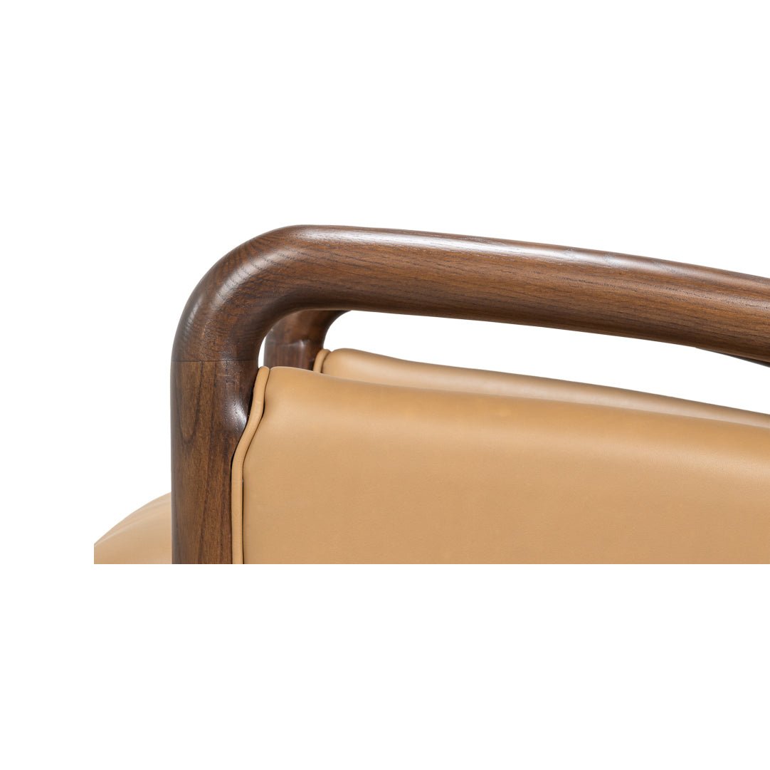 Close-up, armrest connection, wooden frame detail.