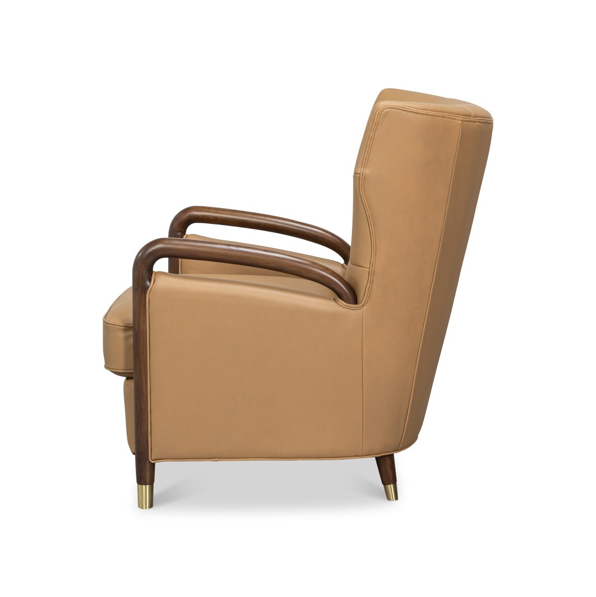 Tan leather armchair, side view, wooden armrests.